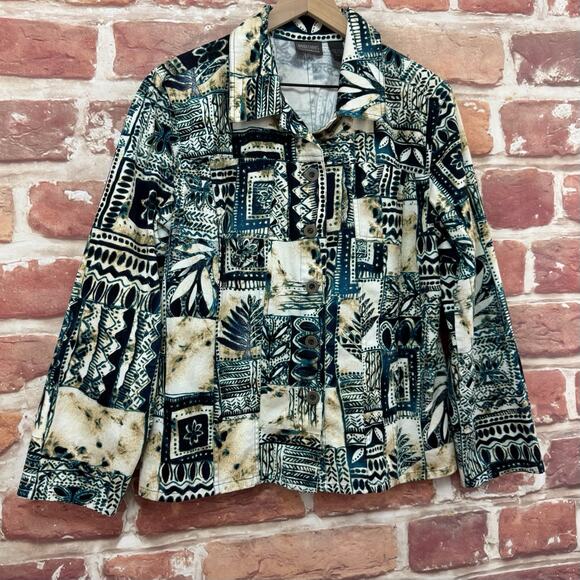 Chicos Additions Shirt Jacket Women's L Boho Tribal Artsy Patchwork Casual Top - Picture 2 of 8